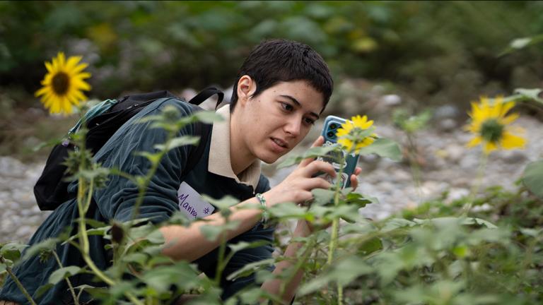 Persona tomando fotografía con celular a un girasol. Crédito foto: Andrea Villarreal. https://www.andyvillarrealr.com/