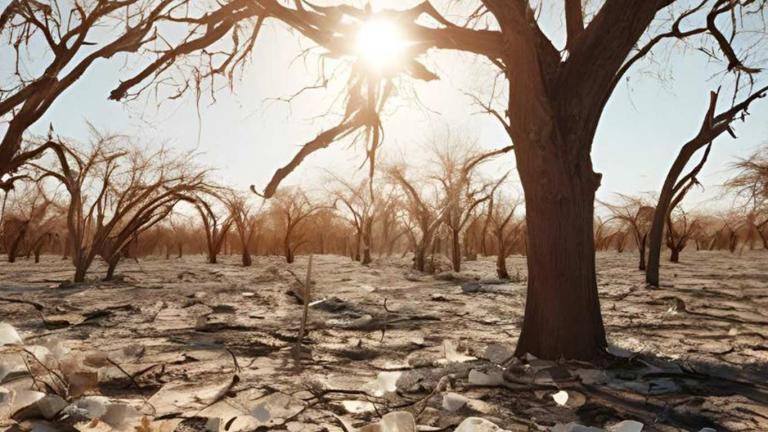 Imagen con representación de tierra no fértil, con árboles secos y panorama desolador.