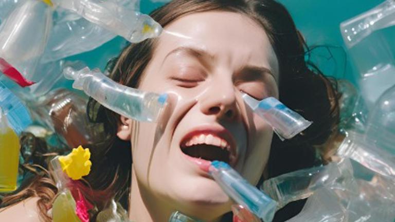 Mujer nadando entre plásticos